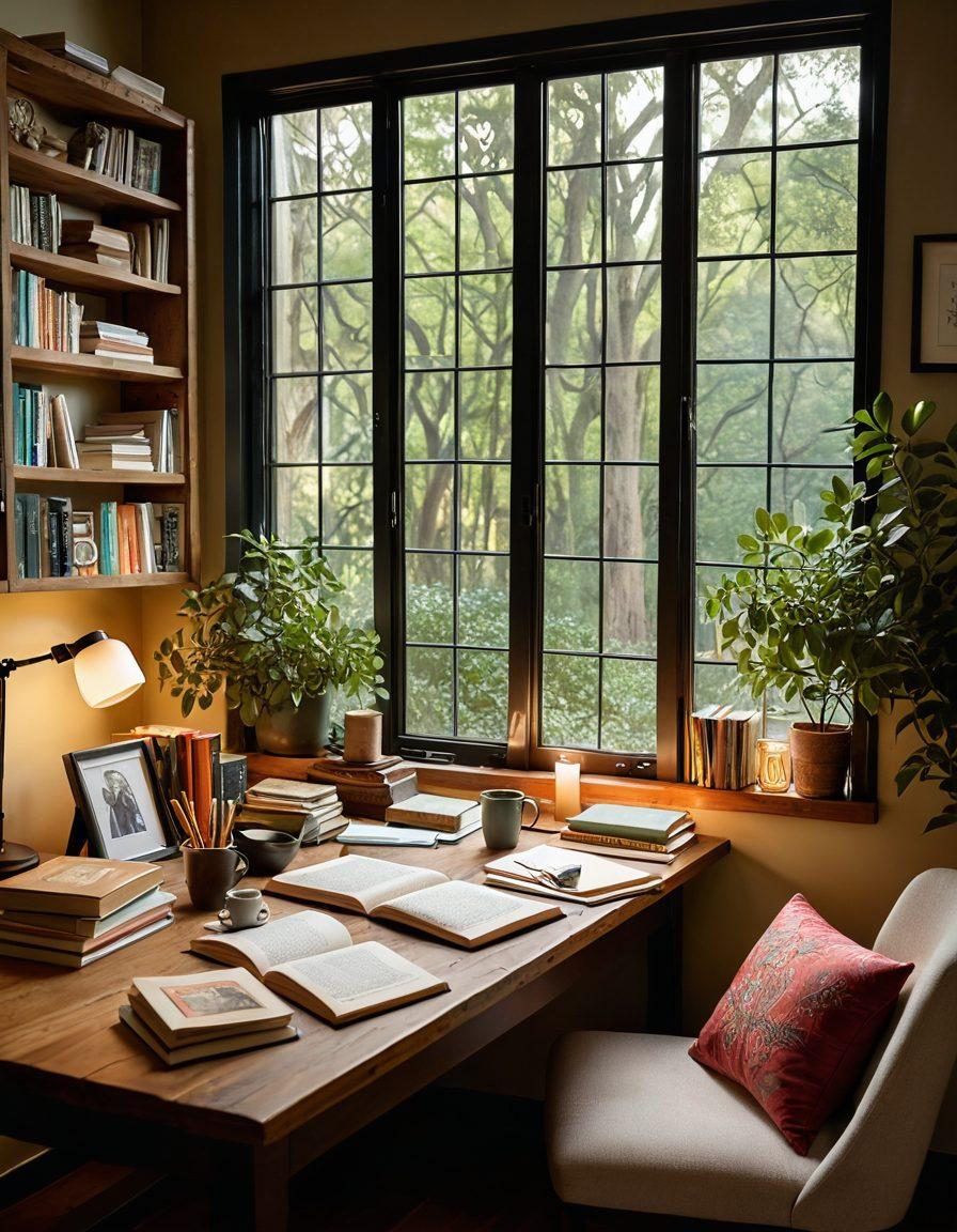 A cozy writing nook filled with personal mementos and books, showcasing diverse individuals engaging in storytelling and sharing ideas. Include warm lighting, a cup of coffee, and handwritten notes scattered around, symbolizing inspiration and community. The background should reflect a serene outdoor scene through a window, suggesting the beauty of nature and creativity. super-realistic. warm colors. intimate atmosphere.