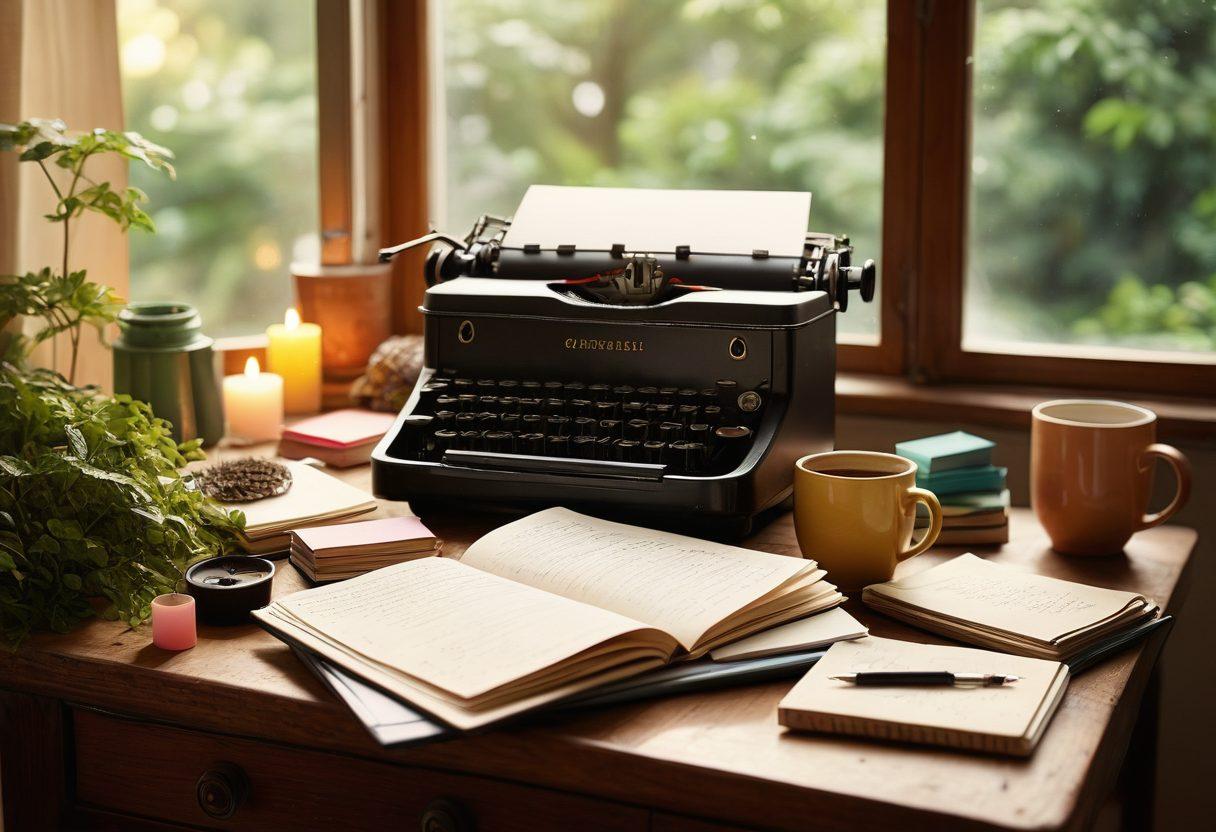 A cozy writing desk with a vintage typewriter, scattered notebooks filled with flowing text, a steaming cup of coffee, and colorful sticky notes with ideas. In the background, an ethereal light filters through a window showcasing lush greenery outside, symbolizing inspiration. Subtle, warm tones evoke a sense of creativity. super-realistic. warm colors. light bokeh effect.