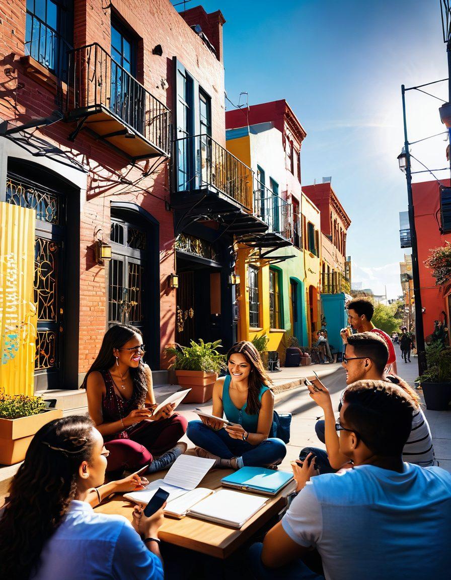 A vibrant scene showcasing a diverse group of content creators passionately engaged in storytelling. They are surrounded by various creative tools like cameras, notebooks, and digital devices, representing their authentic voices. The backdrop features a colorful, urban landscape that symbolizes the Castillo lifestyle, blending history and modernity. Sunlight beams through, illuminating their faces filled with inspiration and joy. super-realistic. vibrant colors. urban setting.
